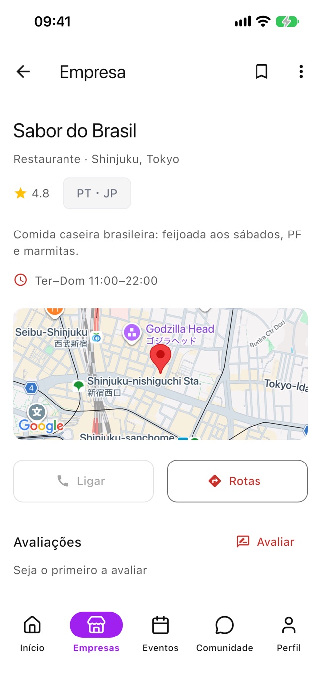 Detalhe de um restaurante brasileiro no Kizu, com mapa e avaliações